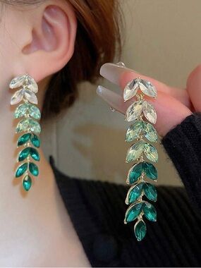 Crystal Leaf Drop Earrings - Green Gradient